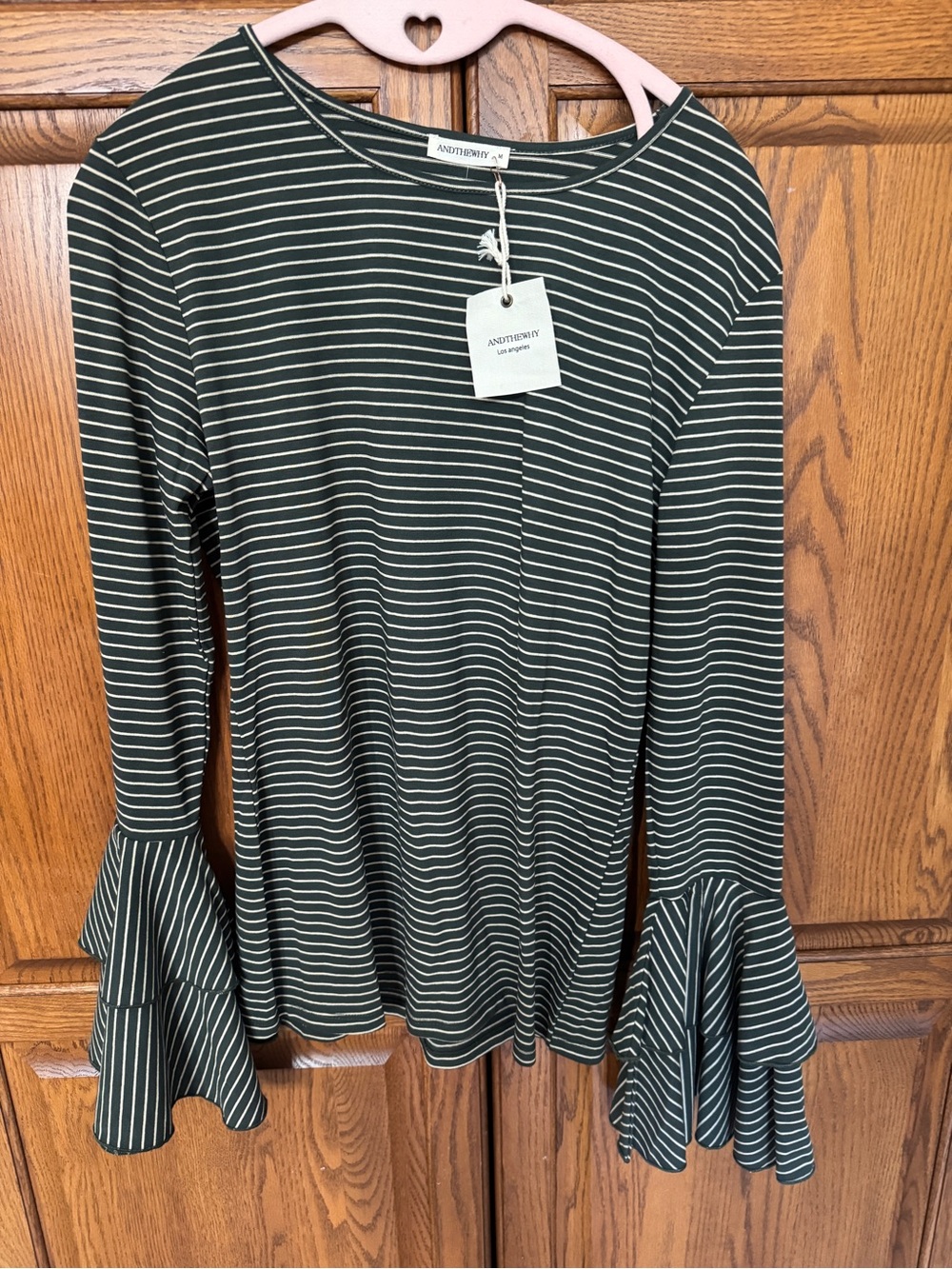 Andthewhy Olive Green Striped Bell-Sleeve Long Sleeve Tee